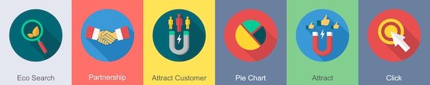 Un conjunto de 6 iconos de SEO como asociación de búsqueda ecológica para atraer clientes