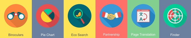 Un conjunto de 6 iconos de SEO como binoculares gráfico de pastel de búsqueda ecológica
