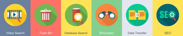 Un conjunto de 6 íconos de SEO como búsqueda de video en la basura de la base de datos