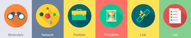 Un conjunto de 6 iconos de SEO como una cartera de red de binoculares