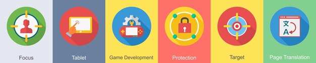 Un conjunto de 6 iconos de SEO como enfoque en el desarrollo de juegos para tabletas