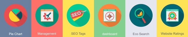 Un conjunto de 6 iconos de SEO como etiquetas de gestión de gráficos de pastel
