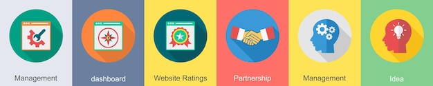 Un conjunto de 6 iconos de SEO como gestión de las calificaciones de los sitios web de la página web