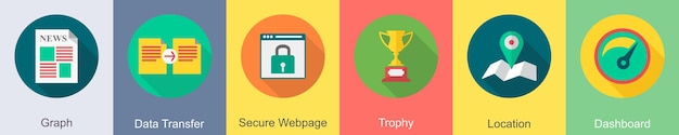 Un conjunto de 6 iconos de SEO como gráfico de transferencia de datos protegida página web