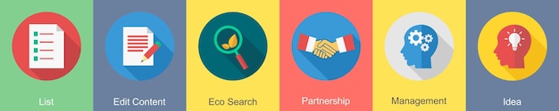 Un conjunto de 6 iconos de SEO como lista editar contenido eco búsqueda