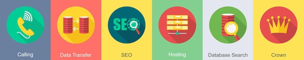 Un conjunto de 6 iconos SEO como llamada de transferencia de datos SEO