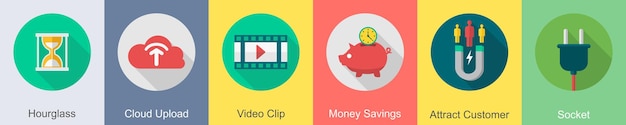 Un conjunto de 6 iconos de SEO como reloj de arena en la nube cargar vídeo clip