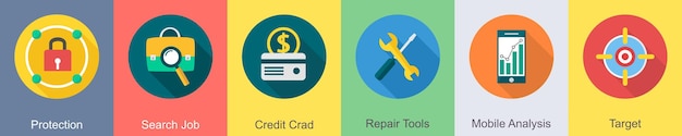 Un conjunto de 6 iconos de SEO como tarjeta de crédito de búsqueda de trabajo de protección