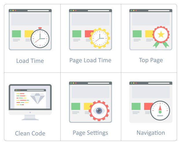 Un conjunto de 6 íconos de SEO y desarrollo web como configuraciones de página de código limpio