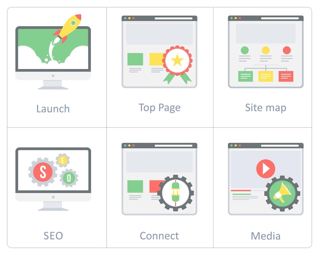 Un conjunto de 6 íconos de SEO y desarrollo web como medios de promoción de integración de páginas SEO