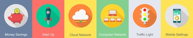 Un conjunto de 6 iconos de SEO a medida que los ahorros de dinero comienzan a aumentar