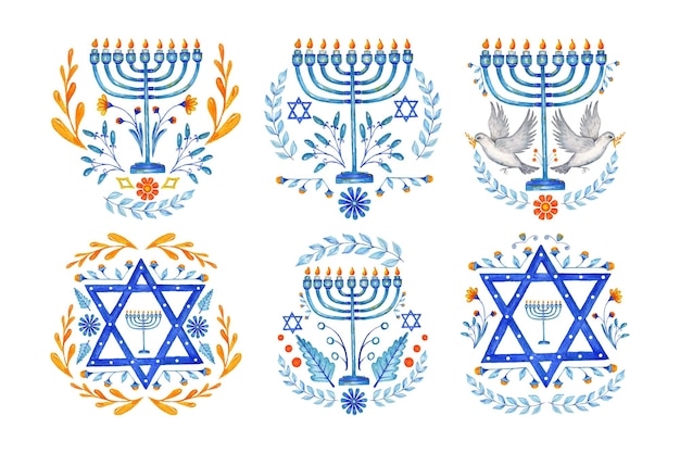 Conjunto de 6 ilustraciones para la feliz fiesta de Janucá