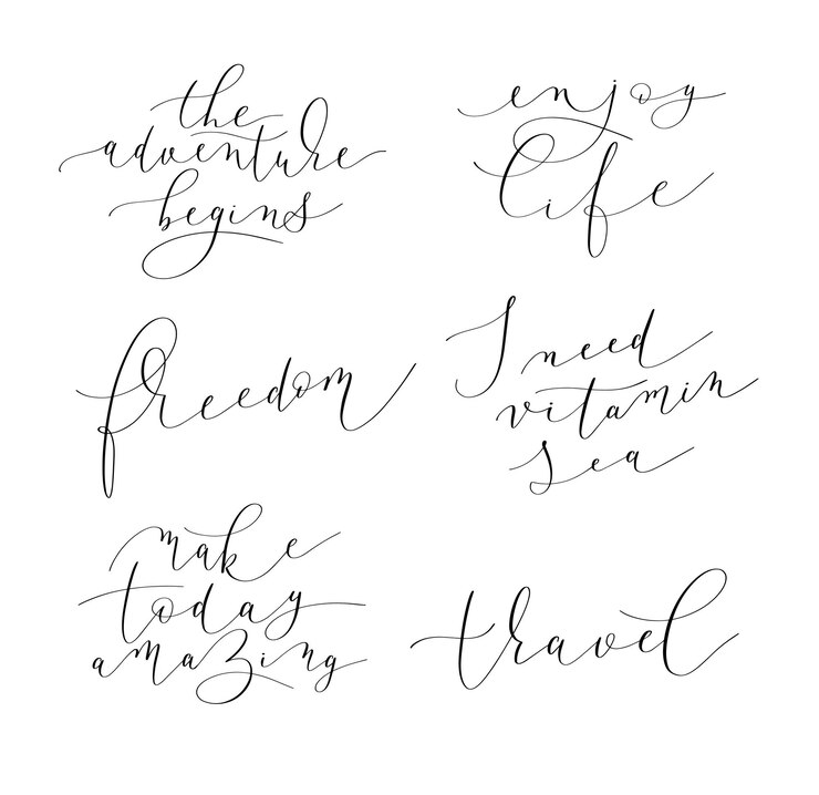 Vector conjunto de 6 letras escritas a mano citas positivas sobre la vida y los viajes caligrafía moderna
