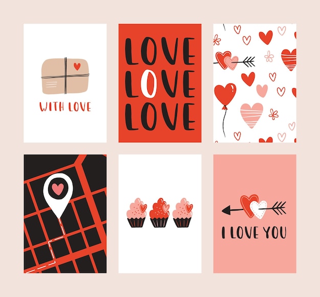 Conjunto de 6 lindas postales románticas de regalo listas para usar regalos corazones tazas y letras dibujadas a mano colección imprimible vectorial del cartel de invitación de la tarjeta de garabato del día de san valentín