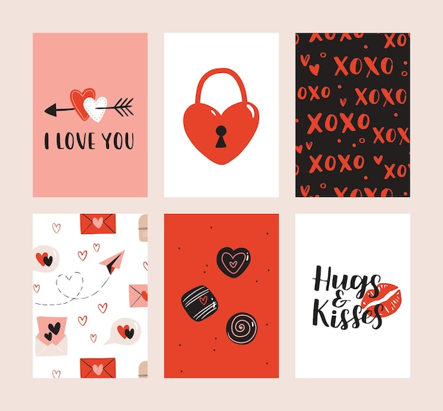 Conjunto de 6 lindas postales románticas de regalo listas para usar Regalos corazones tazas y letras dibujadas a mano Colección imprimible vectorial del cartel de invitación de la tarjeta de garabato del Día de San Valentín