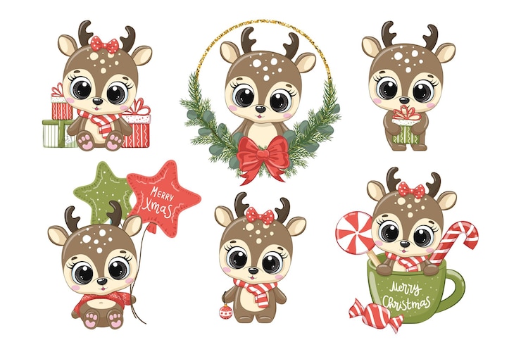 Vector un conjunto de 6 lindos renos para navidad y año nuevo. ilustración vectorial de una caricatura. feliz navidad.