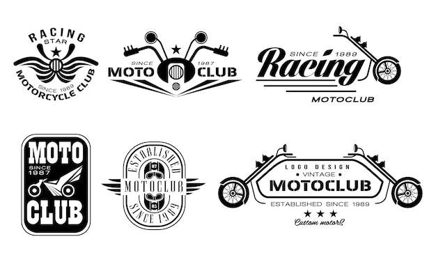 Conjunto de 6 logotipos vintage de clubes de motocicletas Emblemas monocromáticos originales con barras de dirección de motocicletas, cascos y elementos de tipografía de texto para impresión de camisetas o afiches Ilustración vectorial aislada
