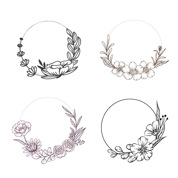 Conjunto de 6 marcos de estilo doodle dibujados a mano decorados con elementos florales Arte de líneas vectoriales
