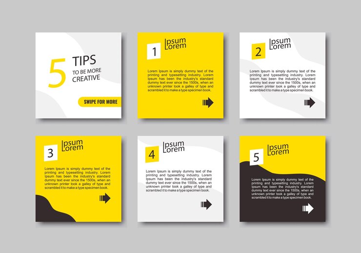 Conjunto de 6 pancartas cuadradas con texto de muestra Colores amarillo, blanco y negro para plantillas de cuadrícula de publicación de redes sociales Encabezado y marcos de cotización Diseño de alimentación Diseño de tarjeta de folleto de presentación