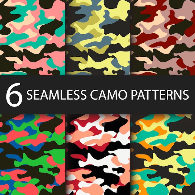 Conjunto de 6 paquetes de fondo de patrones sin fisuras de camuflaje con sombra negra. Estampado de repetición de camuflaje de enmascaramiento de estilo clásico de ropa. Colores brillantes de la textura del bosque. Ropa y diseño web de ilustración vectorial.