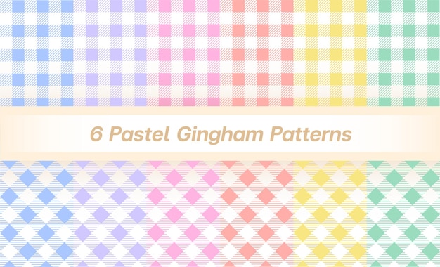 Conjunto de 6 Pastel Arco Iris Pastel Azul Púrpura Rosa Amarillo Verde Cuadros Tartán Cuadros Patrón Guinga