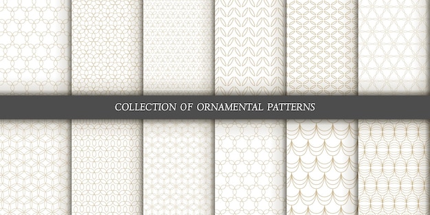 Conjunto de 6 patrones sin costuras vectoriales Patrones de oro ornamentales sobre un fondo blanco