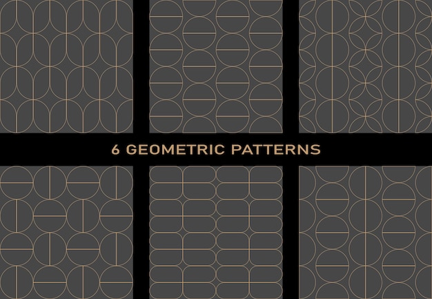 Un conjunto de 6 patrones geométricos sin fisuras. Fondo gris oscuro, líneas doradas, formas geométricas.