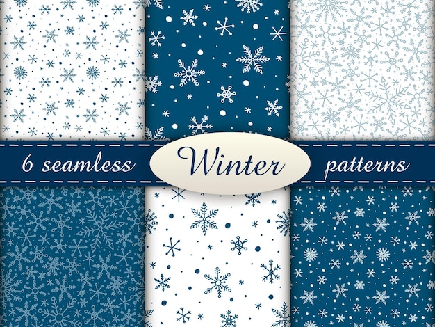 Conjunto de 6 patrones sencillos sin costuras. Fondos interminables de invierno coloreados con copos de nieve. Azul y blanco.