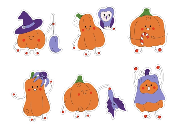 Conjunto de 6 personajes lindos calabazas de Halloween con diferentes emociones Ilustración vectorial plana de color