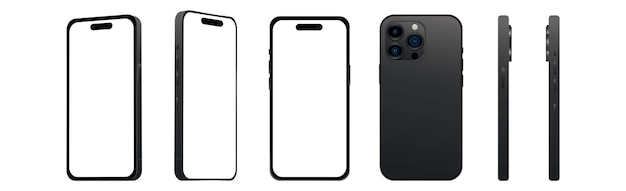 Conjunto de 6 piezas diferentes ángulos Teléfono inteligente negro 14 modelos PRO novedad de la maqueta de la industria de TI para diseño web sobre un fondo blanco Vector