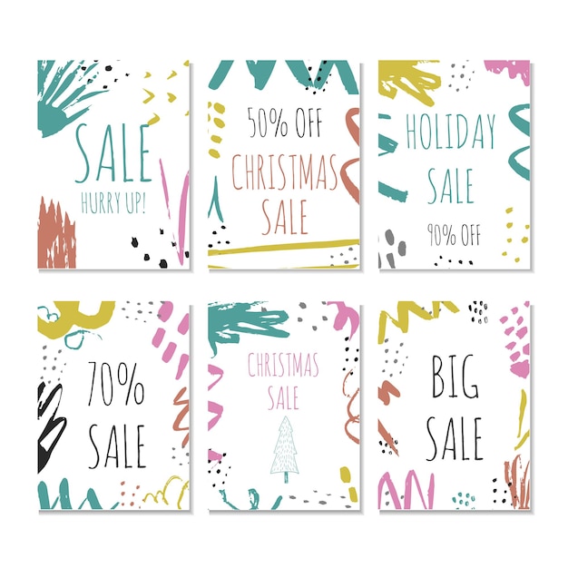 Vector conjunto de 6 plantillas de banner de sitio web de vacaciones de venta creativa. navidad y año nuevo ilustraciones dibujadas a mano para banners de redes sociales, carteles, diseños de correo electrónico y boletines, anuncios, material promocional.