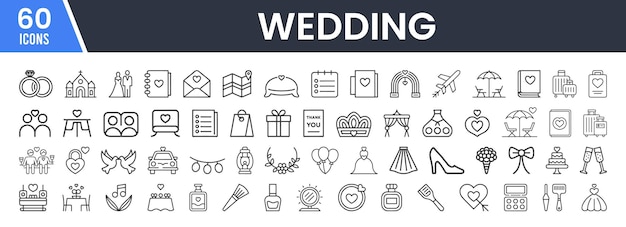 Conjunto de 60 íconos de línea relacionados con la boda anillos de novia y novio invitaciones a la ceremonia Ca