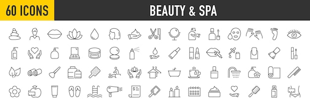Conjunto de 60 iconos web de belleza y spa en estilo de línea Cosméticos masaje cuidado de velas y mantener un tratamiento saludable salón de maquillaje colección de tratamiento de moda Ilustración vectorial