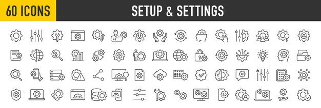 Conjunto de 60 iconos web de configuración y configuración en estilo de línea Opciones de descarga actualización de configuración engranajes de optimización colección Ilustración vectorial
