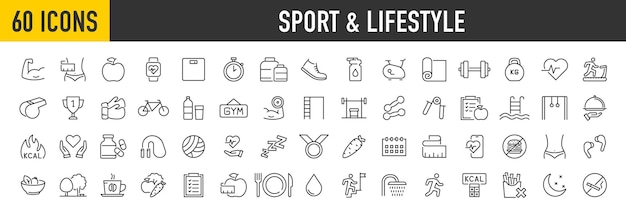 Conjunto de 60 iconos web de deporte y estilo de vida en estilo lineal Entretenimiento de fitness Alimentación saludable Entrenamiento de gimnasio Entrenamiento muscular Nutrición y dieta Colección de ilustración vectorial