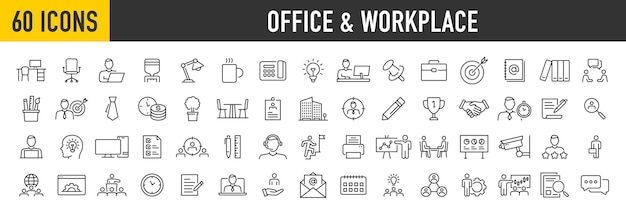 Conjunto de 60 iconos web de oficina y lugar de trabajo en estilo de línea Documento de proyecto de conferencia de empleados Soporte de trabajo de negocios contáctenos Colección de estrategia de productividad Ilustración vectorial