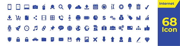 Conjunto de 68 iconos azules de Internet sobre un fondo blanco