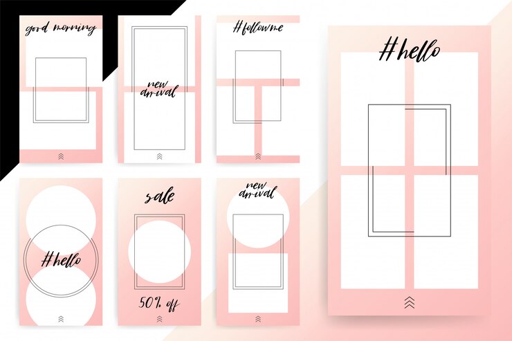Vector conjunto de 7 plantillas brillantes para historias y secuencias. color de moda.
