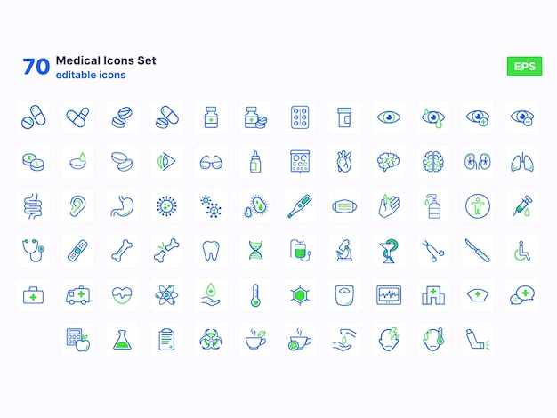 Vector conjunto de 70 iconos de medicina y atención médica vector de interfaz de usuario órganos de hospital de ambulancia píldoras bacterias