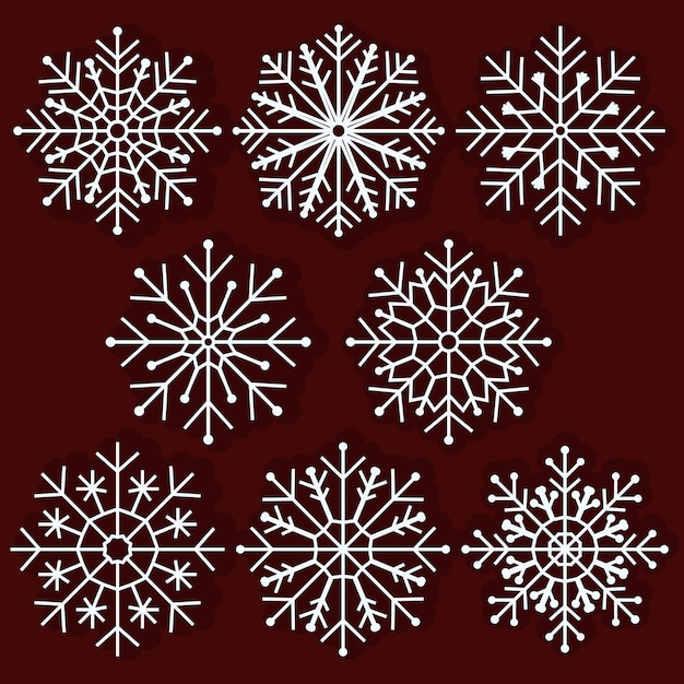 Conjunto de 8 copos de nieve vectoriales perfectos para diseños de invierno tarjetas de Navidad y decoración de temporada