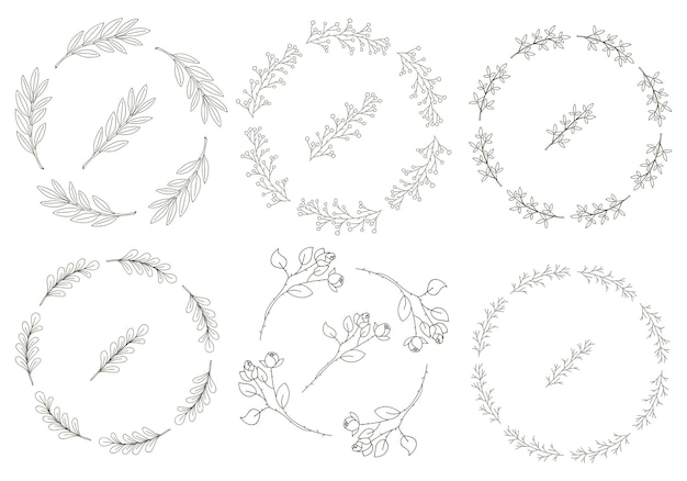Conjunto de 8 coronas redondas de ramitas dibujadas a mano con hojas en estilo doodle.