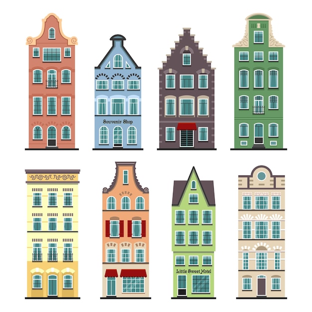 Conjunto de 8 fachadas de dibujos animados de casas antiguas de Amsterdam. Arquitectura tradicional de Holanda.