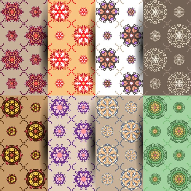 Conjunto de 8 patrones sin fisuras en diferentes colores con mandala y elementos florales.