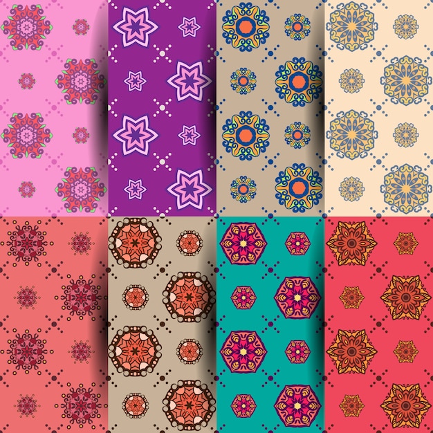 Conjunto de 8 patrones sin fisuras en diferentes colores con mandala y elementos florales.