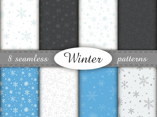 Conjunto de 8 patrones sin fisuras simples. Fondos interminables de invierno coloreados con copos de nieve. Fondos de color gris oscuro, blanco y azul.