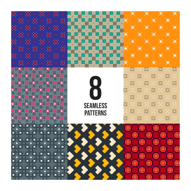 Conjunto de 8 patrones pixelados de colores. Estilo infantil. Útil para envolver y diseño textil.