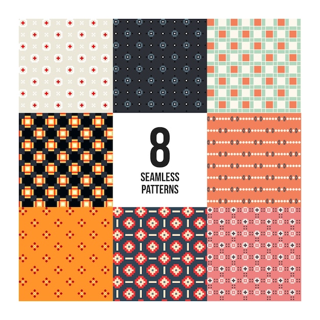 Conjunto de 8 patrones pixelados de colores. Estilo infantil. Útil para envolver y diseño textil.