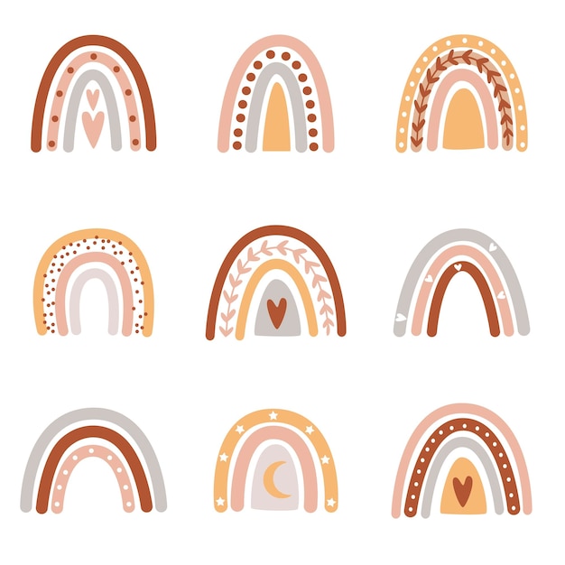 Conjunto de 9 arco iris en estilo boho Plantilla vectorial para pancarta, póster, tarjeta de felicitación, ropa, etc.