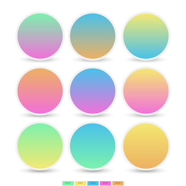 Vector conjunto de 9 botones de esfera degradada de combinación de colores pastel holográficos redondeados. multicolor