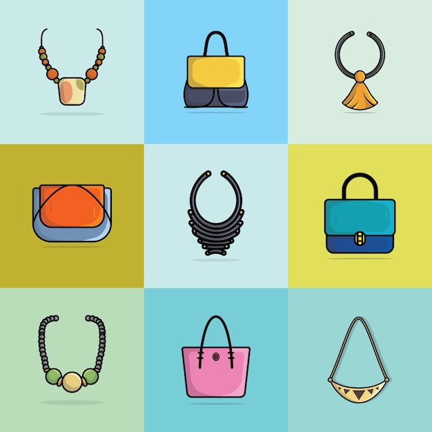 Conjunto de 9 collares y carteras hermosas ilustración vectorial de diseño Icono de objetos de moda de belleza